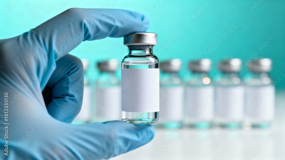 Fototapeta premium Gloved hand holding small glass vial with blank white label in bright sterile laboratory showing precision and clinical focus