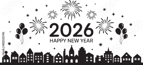2026 Happy New Year cityscape celebration with fireworks and balloons