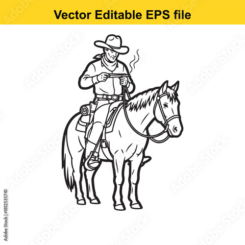 Black and white line art vector illustration of a cowboy riding a horse, isolated on