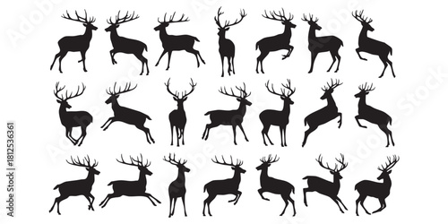 Deer and stag silhouettes set, various poses, majestic antlers Vector