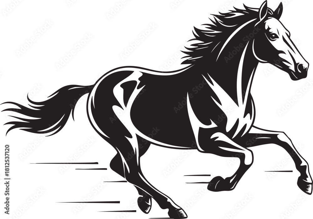 Obraz premium Black and white galloping horse vector illustration of strength and movement