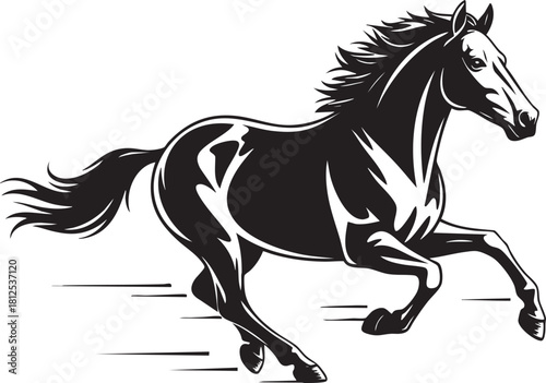 Black and white galloping horse vector illustration of strength and movement