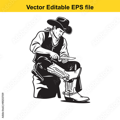 Black and white vector illustration of a rugged cowboy sitting down sharpening his knife while examining his ornate western boot