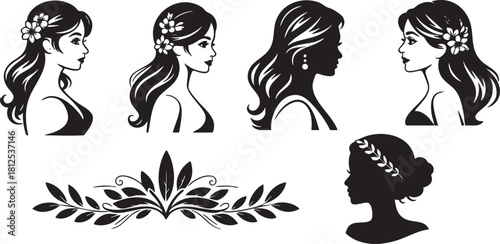 Black and white silhouette of beautiful women with elegant floral decorations