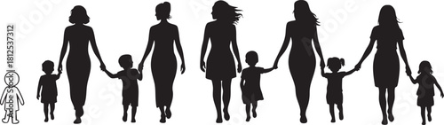 Black silhouettes of mothers with children walking and holding hands