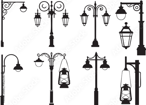 Collection of vintage street lamp silhouettes with classic designs and shapes