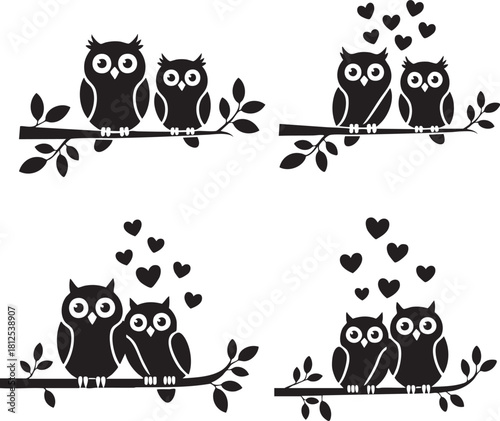 Cute owls couple in love illustration vector graphic design set