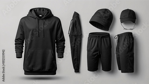 Stylish black athletic apparel set featuring a hoodie, shorts, cap, and sunglasses, designed for comfort and modern appeal.