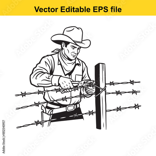 Vintage style black and white vector illustration of a cowboy repairing barbed wire fence with pliers, isolated on