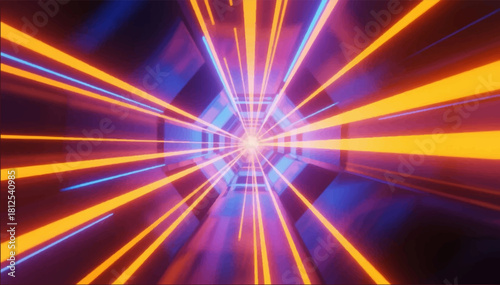 Illustration of bright flashes of lasers and light rays coming to the center along the path of a foot tunnel. Vector graphics. EPS.