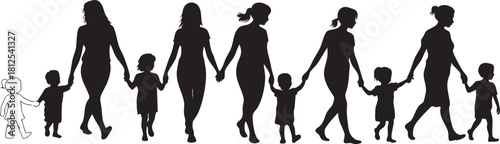 Mothers and children walking silhouettes vector illustration family concept art