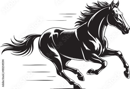 Powerful Horse in Motion Black and White Illustration Vector Art