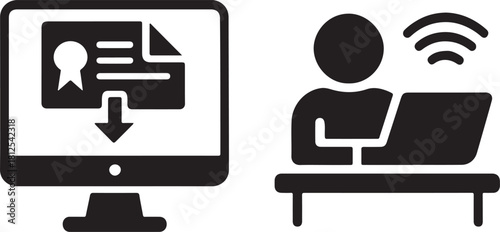 Certificate Document with Download Arrow and Monitor Outline Minimal Digital File Icon in Vector Style.
