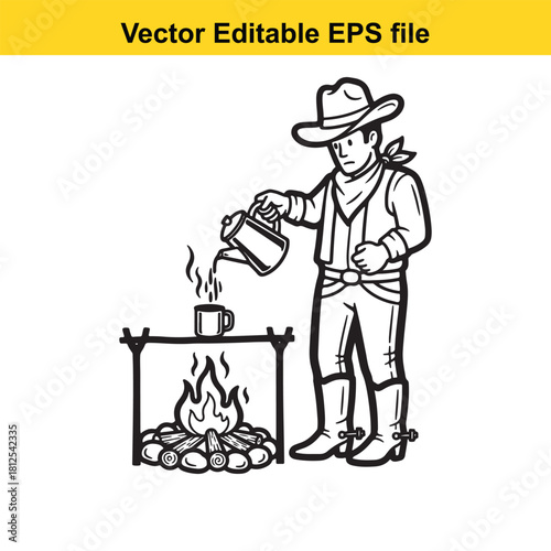 Black and white line art vector illustration of a cowboy pouring coffee from a kettle over a campfire, isolated on
