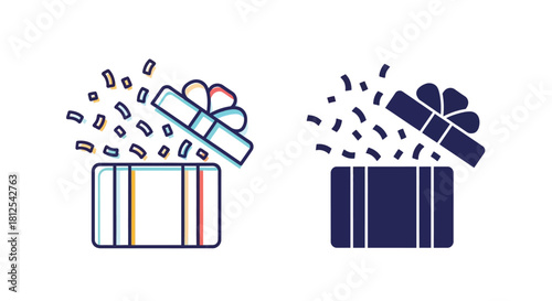 Two open gift boxes with confetti one in color one monochrome