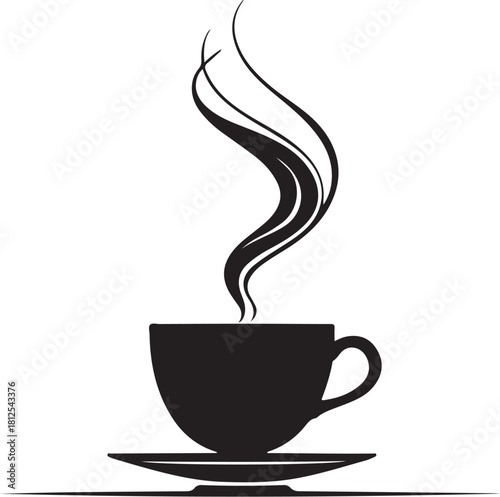Black coffee cup with swirling steam on saucer white background
