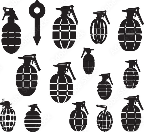 Black silhouette grenade icons and arrow symbol hand grenade