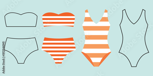 Striped bikini top bottom and one-piece swimsuit vector set with minimal flat outline fashion swimwear illustrations for summer beachwear design