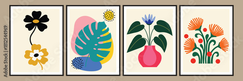 Modern floral wall art vector set with bold abstract flower vase illustrations botanical leaf shapes and colorful decorative poster collection