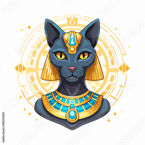 Egyptian Goddess Cat Illustration with Golden Armor