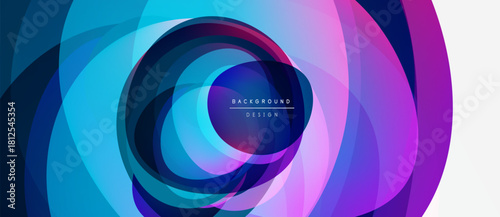 Abstract concentric layers create dynamic visual effect. Blue, purple hues dominate composition, suggesting depth, movement. Modern design element.