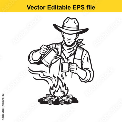 Black and white vector illustration of a cowboy pouring coffee from a kettle into a mug over a campfire, isolated on