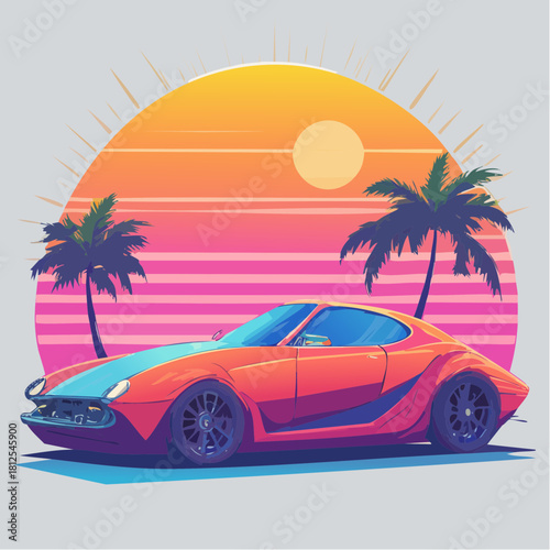 Futuristic Retro Sports Car in Vibrant Tropical Sunset