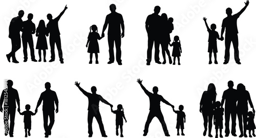 Family silhouette collection, parents and children icons, togetherness poses, black vector figures, caring relationships graphics, flat vector illustration