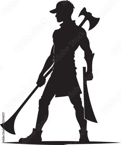 Black silhouette of a man with axes and baseball cap