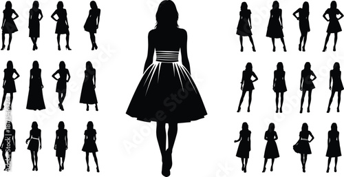 Women dress silhouettes, fashion pose icons, elegant outfit shapes, black vector figures, clothing style graphics, flat vector illustration