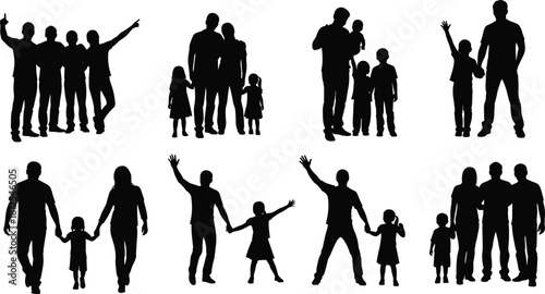Family group silhouettes, adults and children icons, generational bond shapes, black vector figures, unity and care graphics, flat vector illustration