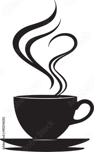 Black silhouette of a steaming coffee cup and saucer