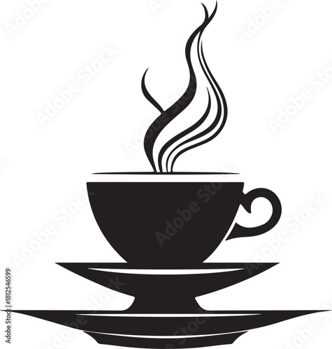 Black silhouette of a steaming coffee cup and saucer