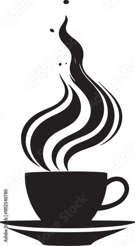 Black silhouette of a steaming coffee cup and saucer