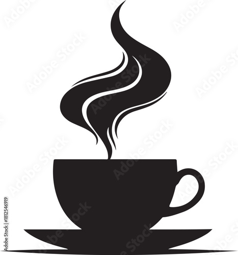 Black silhouette of a steaming coffee cup and saucer