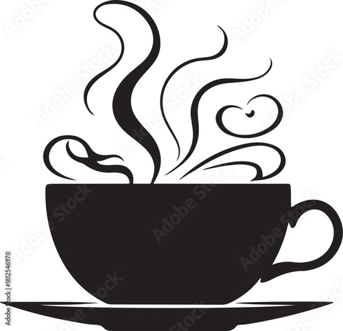 Black silhouette of a steaming coffee cup on a saucer