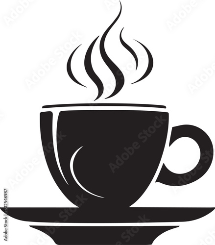 Black silhouette of a steaming coffee cup on a saucer