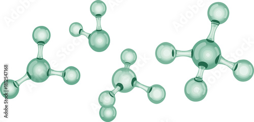 Four three dimensional molecular structures vector illustration featuring glossy teal spheres and connecting rods.