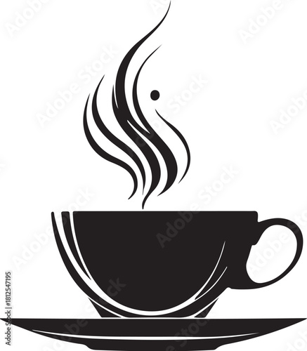 Black silhouette of steaming coffee cup and saucer