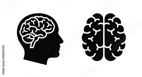A human head in profile alongside a stylized brain illustration in black
