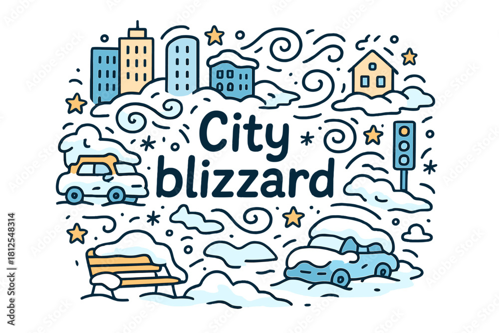 Fototapeta premium City Blizzard Doodle. City blizzard. Hand-drawn doodle illustration of City blizzard. strong wind swirls,