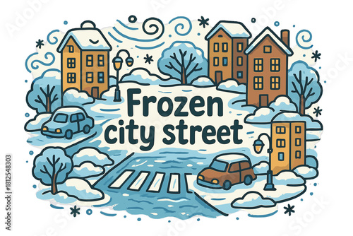 Frozen City Doodle. Frozen city street. Hand-drawn doodle illustration of Frozen city street. icy pavement,