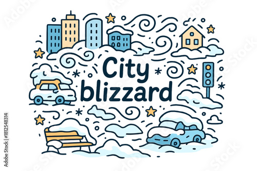 City Blizzard Doodle. City blizzard. Hand-drawn doodle illustration of City blizzard. strong wind swirls,