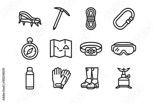 Mountain Gear Icons. Mountain gear. Line outline icon set of Mountain gear: crampons, ice axe, rope coil,