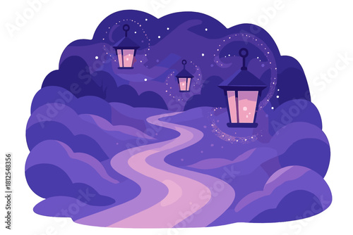 Glowing Winter Trail. Glowing winter path. A winding snowy trail sparkles with suspended lanterns lighting the