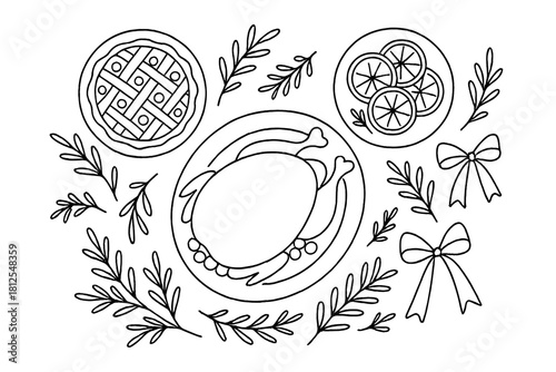 Minimalist Holiday Feast. Seasonal feast flat lay. Minimalistic one-line drawing holiday dishes with sprigs