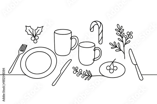Minimalist Brunch Elegance. Holiday brunch layout. Minimalistic one-line drawing mugs, berries, and table
