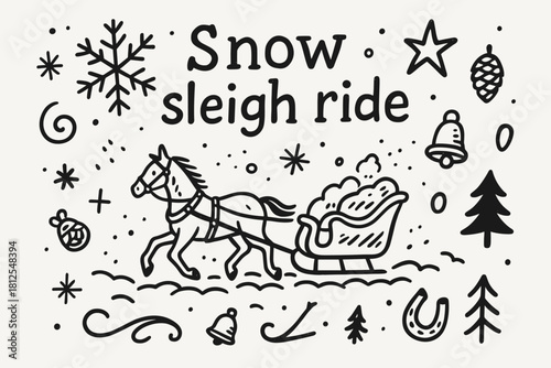 Whimsical Snow Ride. Snow sleigh ride. Hand-drawn doodle illustration of Snow sleigh ride. Central doodle