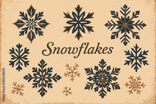 Retro Snowflake Patterns. Abstract snowflake patterns. vintage serif script, shadowed outlines, aged print
