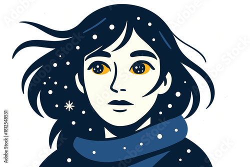 Snowy Reflections. Snowy gaze. A character’s eyes reflect swirling flakes while loose hair moves in the crisp
